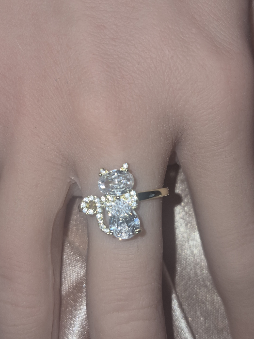 Gold Plated Tone Cat-Shaped Crystal Ring - Clear Adjustable